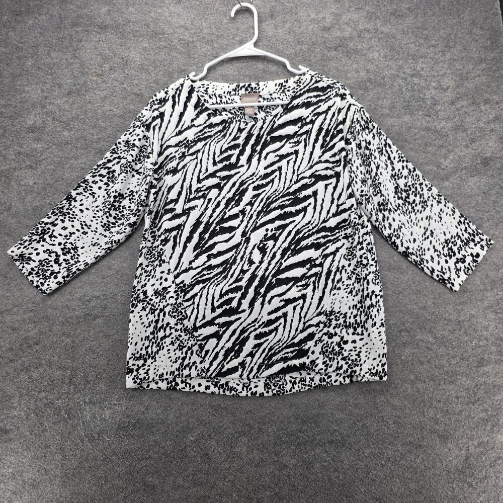Chicos Blouse Womens 0 Small Black White Animal Print 3/4 Sleeve Split Neck